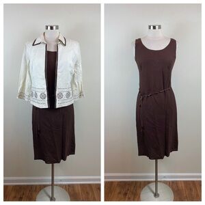 Plaza South Collection Brown White Linen Blend Floral Classic Dress Women Size 8